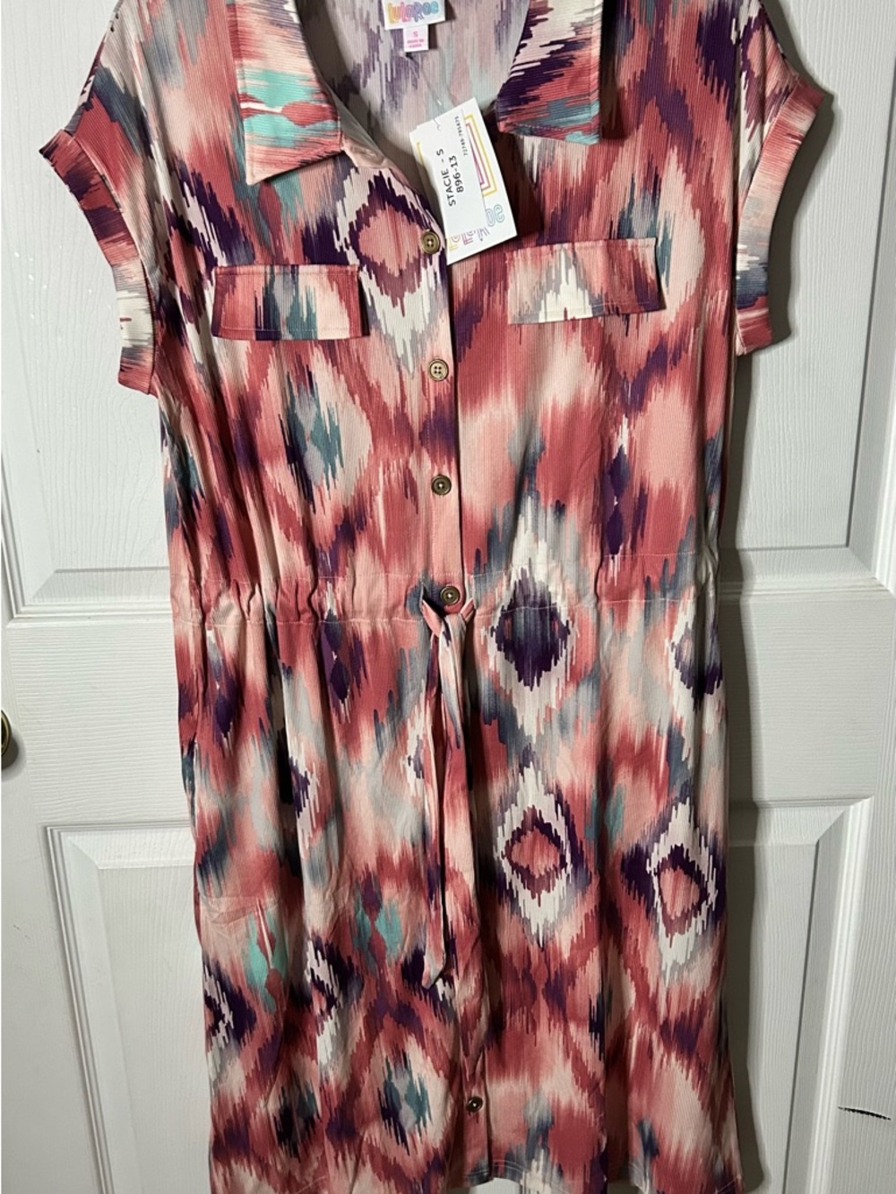 Lularoe Stacie small Button-Front Shirt Dress - Coral, Teal & Purple